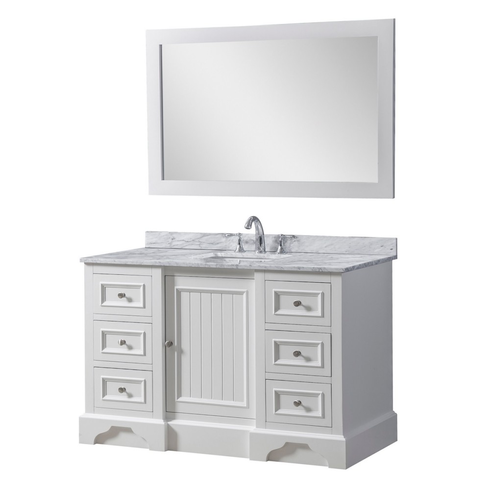 DIRECT VANITY SINK 48S8-WWC-W KINGSWOOD 48 INCH FREESTANDING SINGLE SINK BATHROOM VANITY IN WHITE WITH WHITE CARRARA MARBLE TOP AND MIRROR