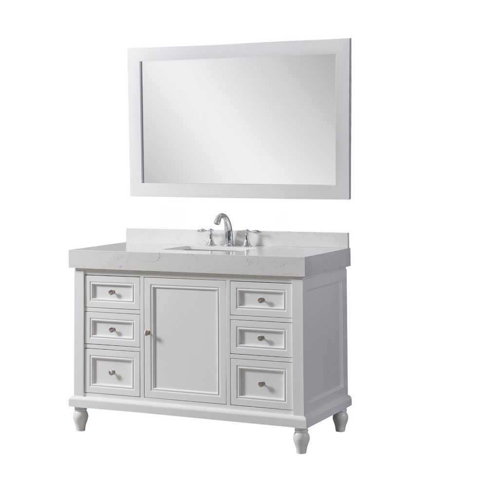 DIRECT VANITY SINK 48S9-WEW-M CLASSIC EXCLUSIVE 48 INCH FREESTANDING SINGLE SINK BATHROOM VANITY IN WHITE WITH WHITE CULTURE MARBLE TOP AND MIRROR