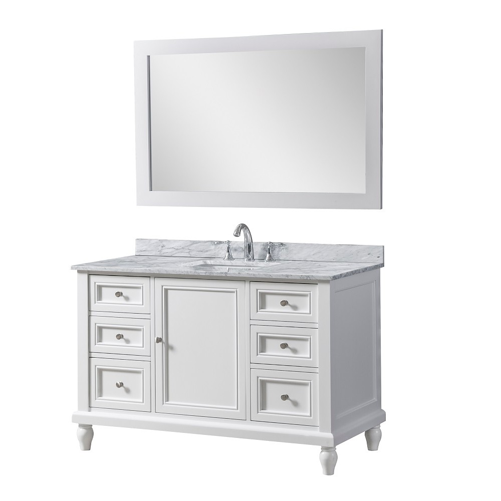 DIRECT VANITY SINK 48S9-WWC-M CLASSIC 48 INCH FREESTANDING SINGLE SINK BATHROOM VANITY IN WHITE WITH WHITE CARRARA MARBLE TOP AND MIRROR