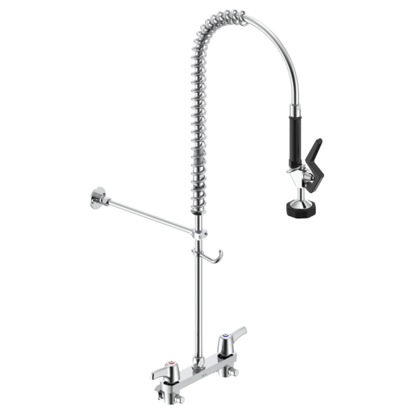 DELTA 55C1513 COMMERCIAL 33 INCH TWO HOLES AND PRE-RINSE KITCHEN FAUCET WITH WALL MOUNT BASE TWO LEVER BLADE HANDLES AND SELF-CLOSE SPRAY WITH STAINLESS STEEL HOSE - CHROME