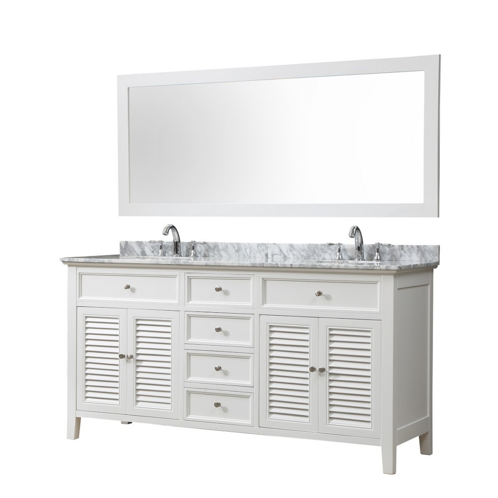 DIRECT VANITY SINK 6070D12-WWC-M SHUTTER 70 INCH WHITE FREESTANDING DOUBLE SINK BATHROOM VANITY IN WHITE WITH WHITE CARRARA MARBLE TOP AND MIRROR
