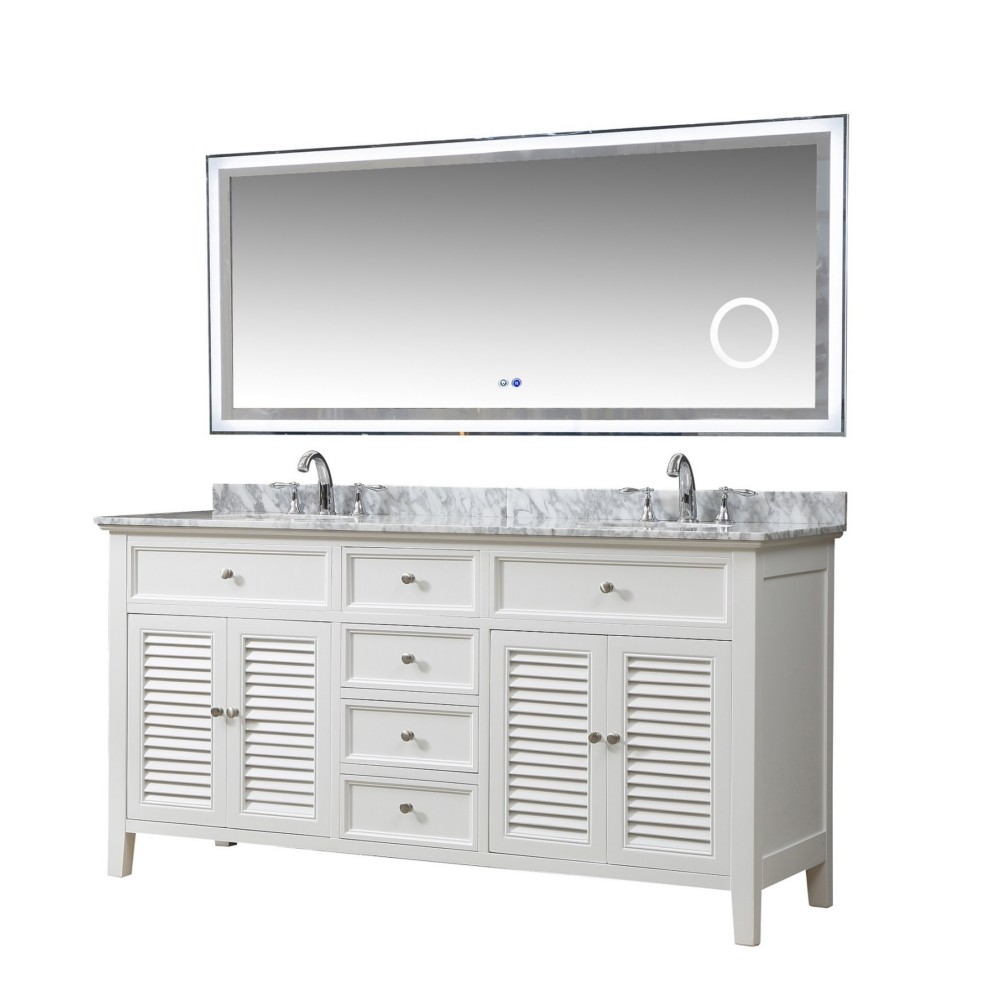 DIRECT VANITY SINK 6070D12-WWC-SM SHUTTER 70 INCH WHITE FREESTANDING DOUBLE SINK BATHROOM VANITY IN WHITE WITH WHITE CARRARA MARBLE TOP AND LED SMART MIRROR