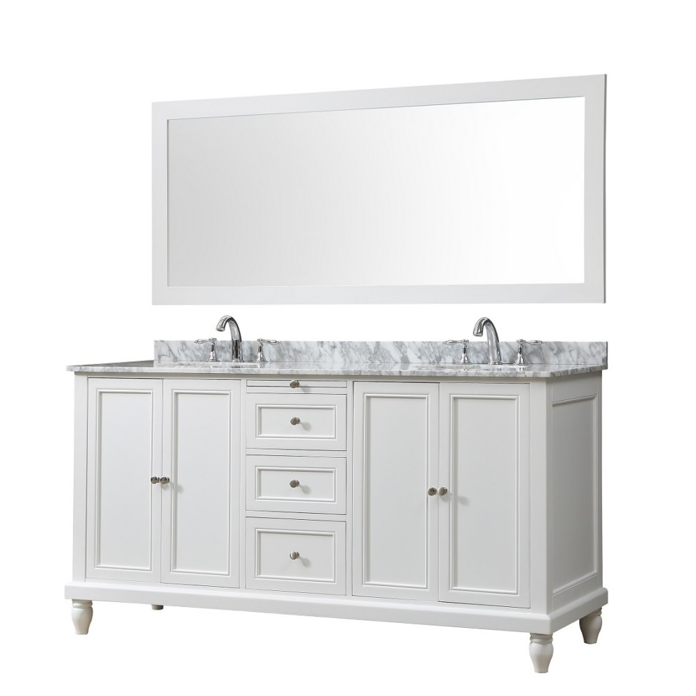 DIRECT VANITY SINK 6070D9-WWC-M CLASSIC 70 INCH BATH FREESTANDING DOUBLE SINK BATHROOM VANITY IN WHITE WITH WHITE CARRARA MARBLE TOP AND MIRROR