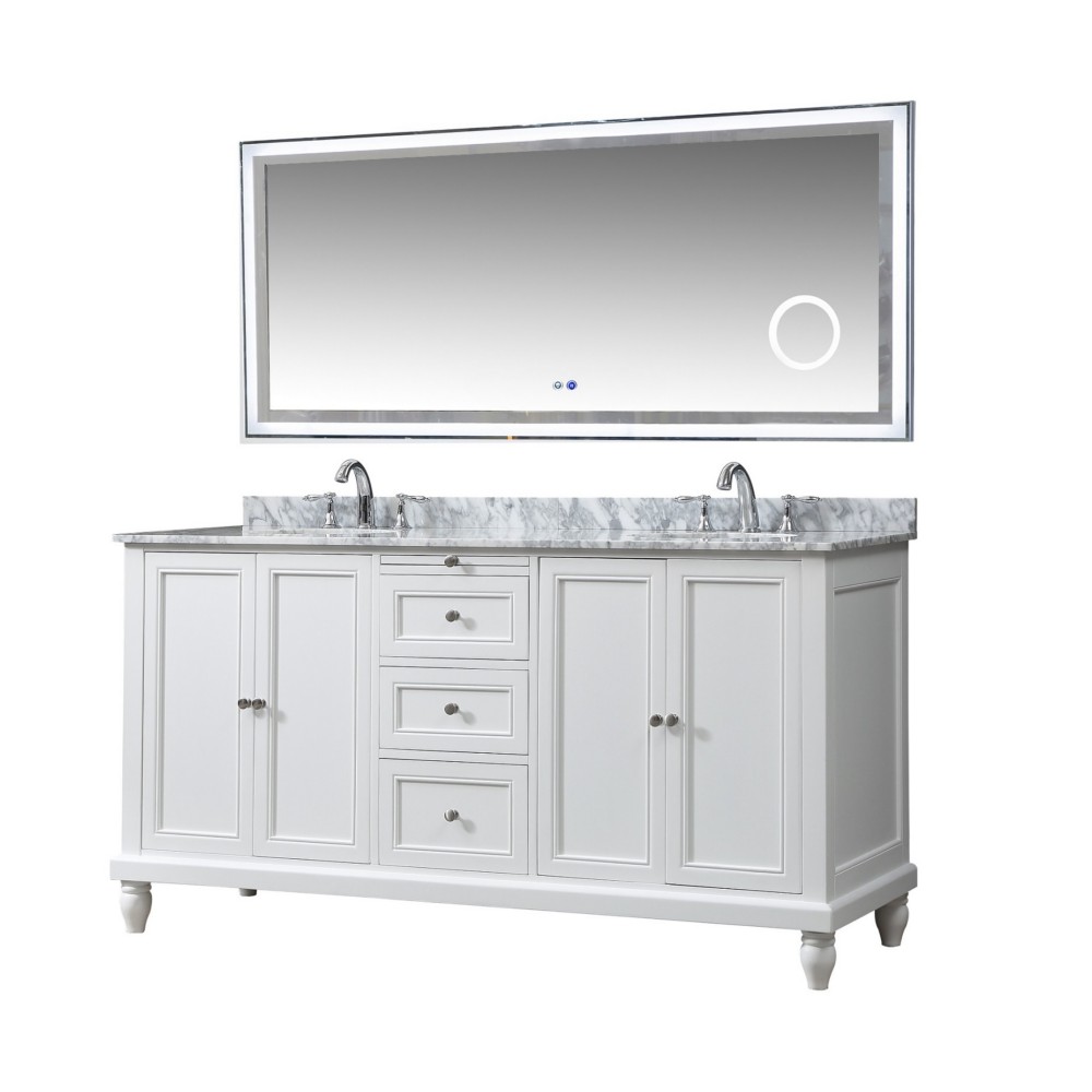 DIRECT VANITY SINK 6070D9-WWC-SM CLASSIC 70 INCH FREESTANDING DOUBLE SINK BATHROOM VANITY IN PEARL WHITE WITH WHITE CARRARA MARBLE TOP AND LED SMART MIRROR