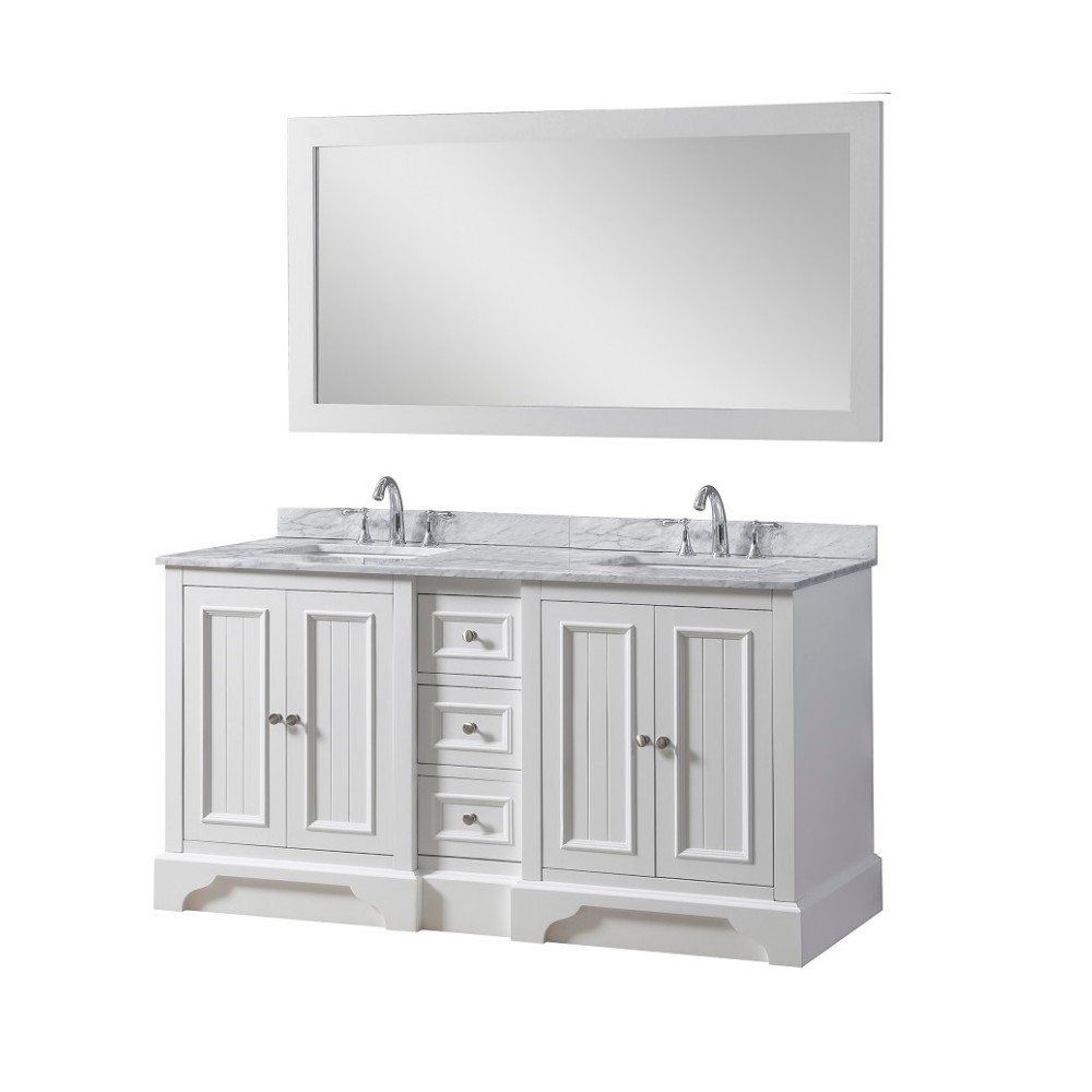 DIRECT VANITY SINK 60D8-WWC-M KINGSWOOD 60 INCH FREESTANDING DOUBLE SINK BATHROOM VANITY IN WHITE WITH WHITE CARRARA MARBLE TOP AND MIRROR