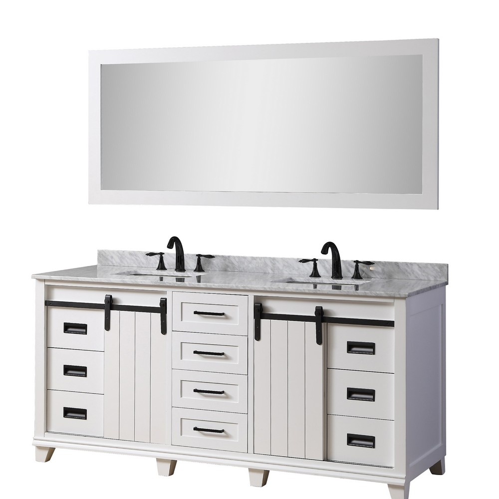 DIRECT VANITY SINK 71BD17-WWC-M CHANCETON 71 INCH FREESTANDING DOUBLE SINK BATHROOM VANITY IN WHITE WITH WHITE CARRARA MARBLE TOP AND MIRROR