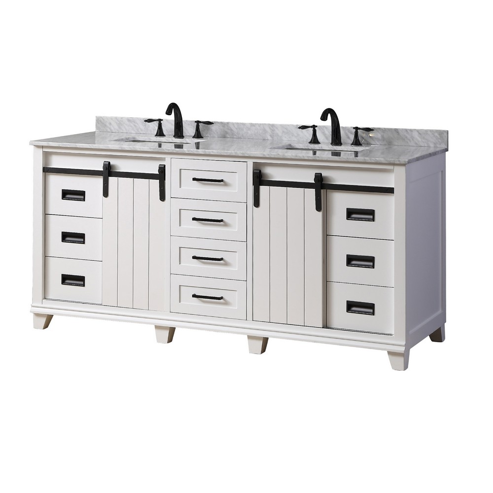 DIRECT VANITY SINK 71BD17-WWC CHANCETON 71 INCH FREESTANDING DOUBLE SINK BATHROOM VANITY IN WHITE WITH WHITE CARRARA MARBLE TOP