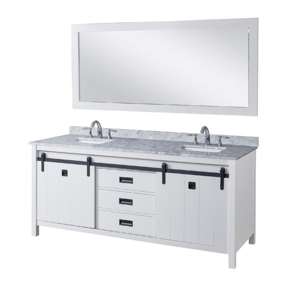 DIRECT VANITY SINK 71D3-WWC-M DA VINCI 71 INCH FREESTANDING DOUBLE SINK BATHROOM VANITY IN WHITE WITH WHITE CARRARA MARBLE TOP AND MIRROR
