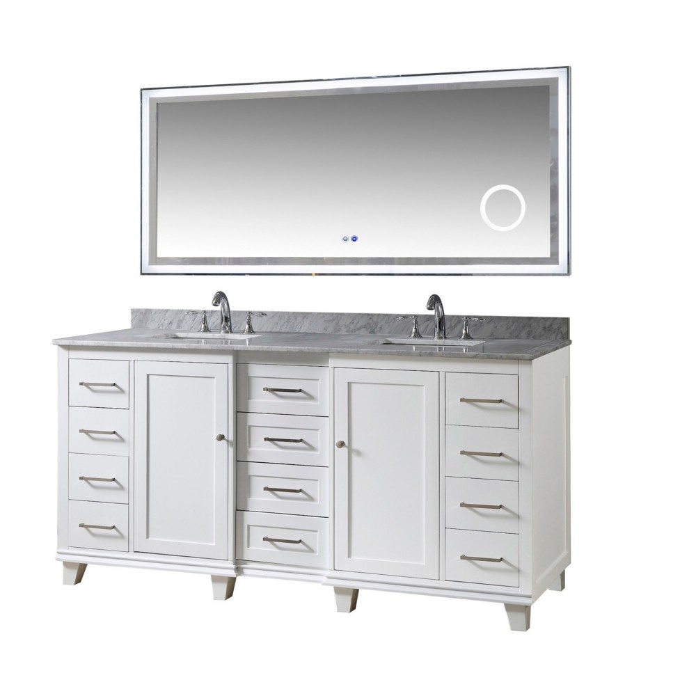 DIRECT VANITY SINK 72BD15-WWC-SM ULTIMATE CLASSIC 72 INCH FREESTANDING DOUBLE SINK BATHROOM VANITY IN WHITE WITH WHITE CARRARA MARBLE TOP AND LED SMART MIRROR