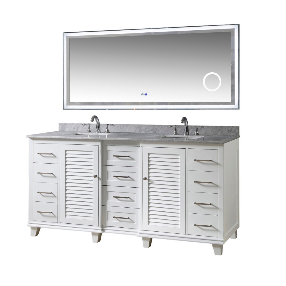 DIRECT VANITY SINK 72BD16-WWC-SM ULTIMATE SHUTTER 72 INCH FREESTANDING DOUBLE SINK BATHROOM VANITY IN WHITE WITH WHITE CARRARA MARBLE TOP AND LED SMART MIRROR