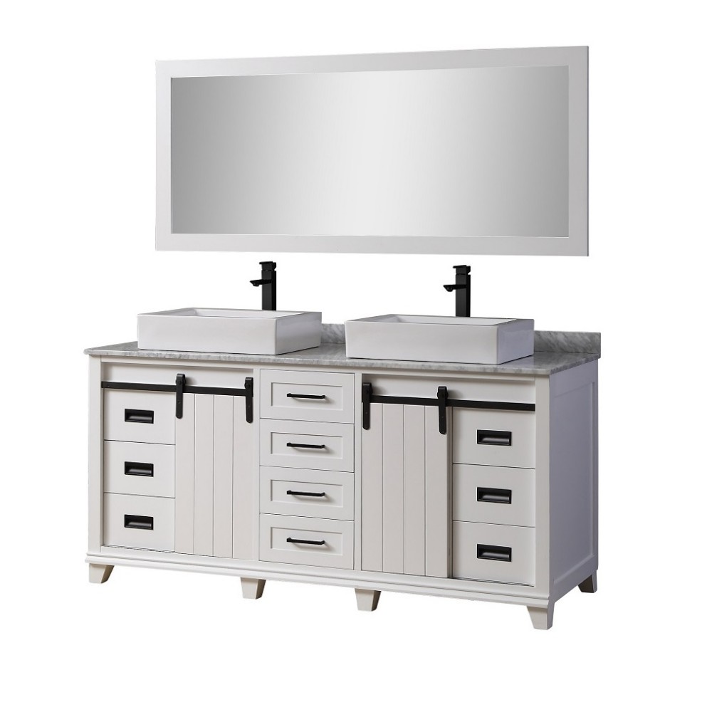 DIRECT VANITY SINK 72BD17-WAWC-M CHANCETON 72 INCH FREESTANDING DOUBLE VESSEL SINK BATHROOM VANITY IN WHITE WITH WHITE CARRARA MARBLE TOP WITH AND MIRROR