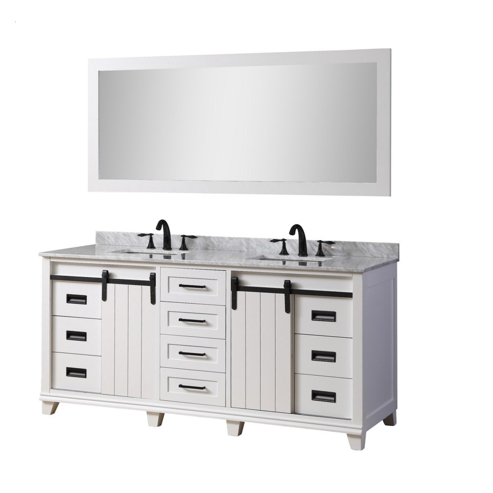 DIRECT VANITY SINK 72BD17-WWC-M CHANCETON 72 INCH FREESTANDING DOUBLE SINK BATHROOM VANITY IN WHITE WITH WHITE CARRARA MARBLE TOP AND MIRROR