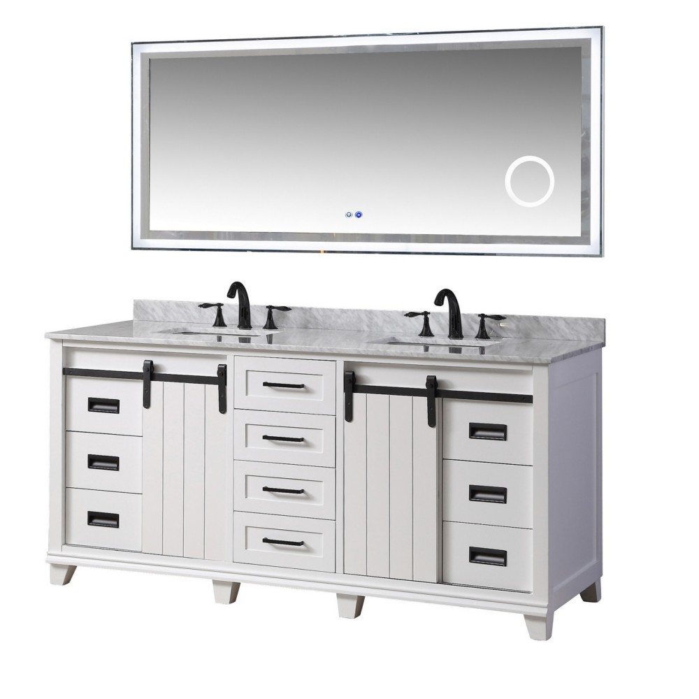 DIRECT VANITY SINK 72BD17-WWC-SM CHANCETON 72 INCH FREESTANDING DOUBLE SINK BATHROOM VANITY IN WHITE WITH WHITE CARRARA MARBLE TOP AND LED SMART MIRROR