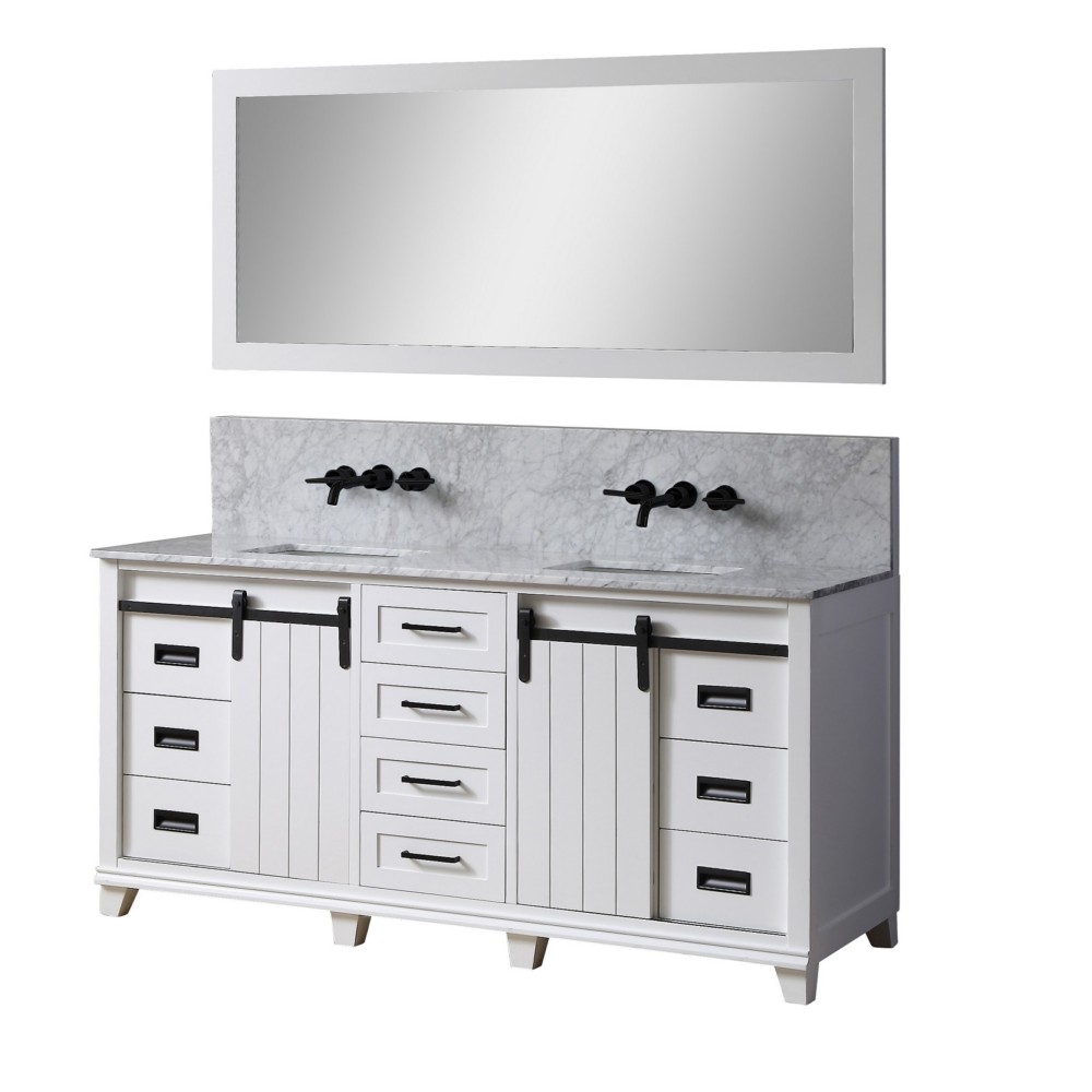 DIRECT VANITY SINK 72BD17-WWC-WM-M PREMIUM CHANCETON 72 INCH FREESTANDING DOUBLE SINK BATHROOM VANITY IN WHITE WITH WHITE CARRARA MARBLE TOP AND MIRROR