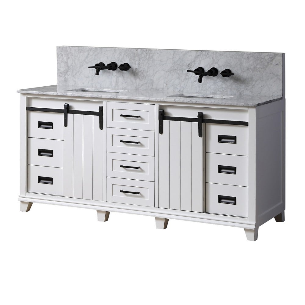 DIRECT VANITY SINK 72BD17-WWC-WM PREMIUM CHANCETON 72 INCH FREESTANDING DOUBLE SINK BATHROOM VANITY IN WHITE WITH WHITE CARRARA MARBLE TOP