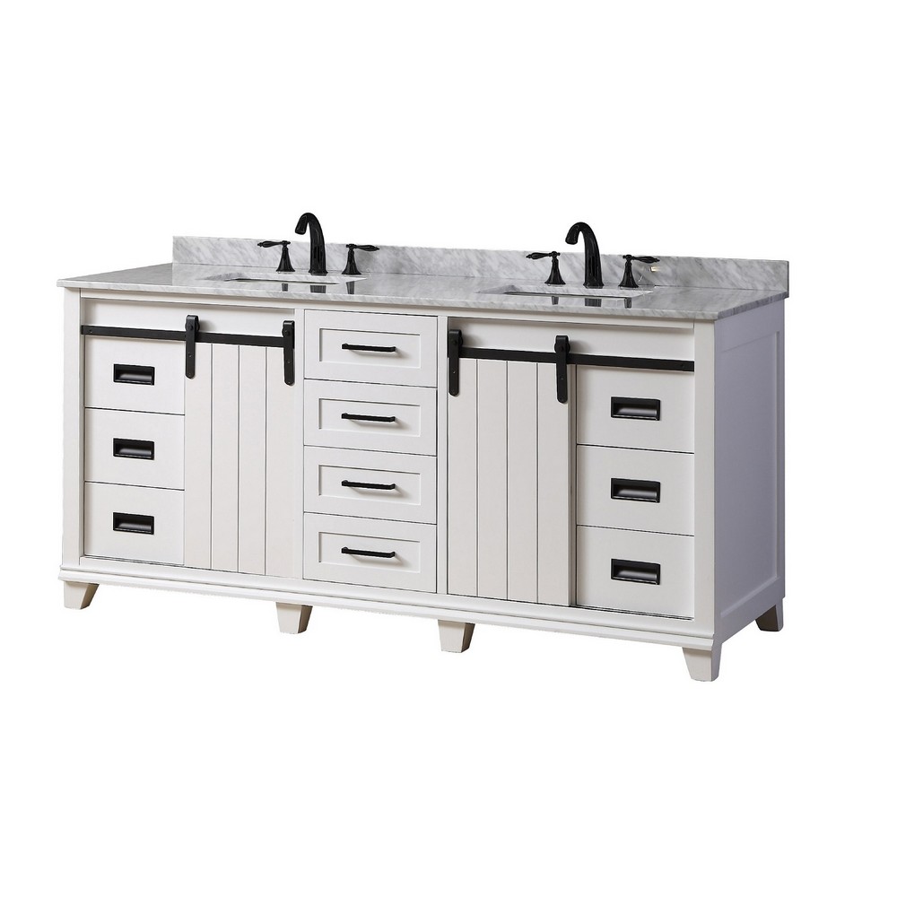 DIRECT VANITY SINK 72BD17-WWC CHANCETON 72 INCH FREESTANDING DOUBLE SINK BATHROOM VANITY IN WHITE WITH WHITE CARRARA MARBLE TOP