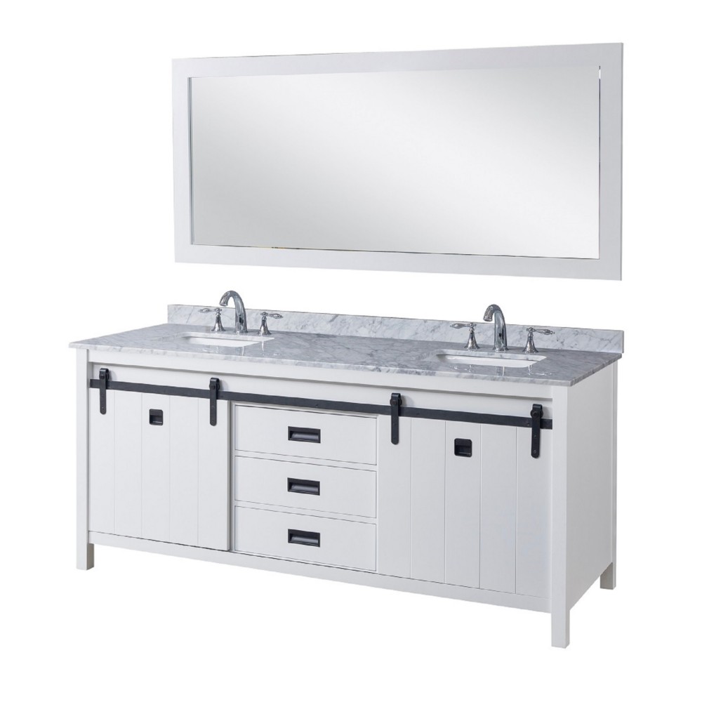 DIRECT VANITY SINK 72D3-WWC-M DA VINCI 72 INCH FREESTANDING DOUBLE SINK BATHROOM VANITY IN WHITE WITH WHITE CARRARA MARBLE TOP AND MIRROR