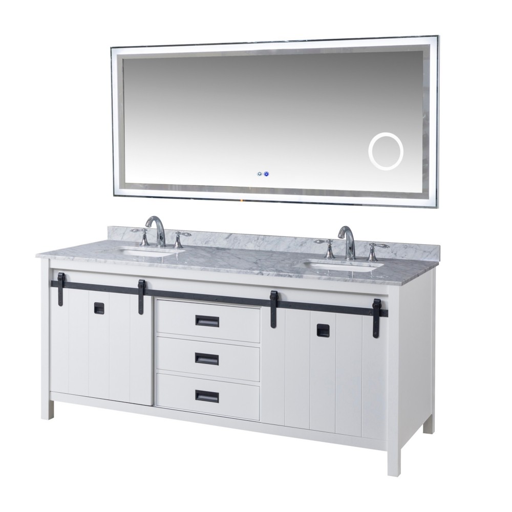 DIRECT VANITY SINK 72D3-WWC-SM DA VINCI 72 INCH FREESTANDING DOUBLE SINK BATHROOM VANITY IN WHITE WITH WHITE CARRARA MARBLE TOP AND LED SMART MIRROR