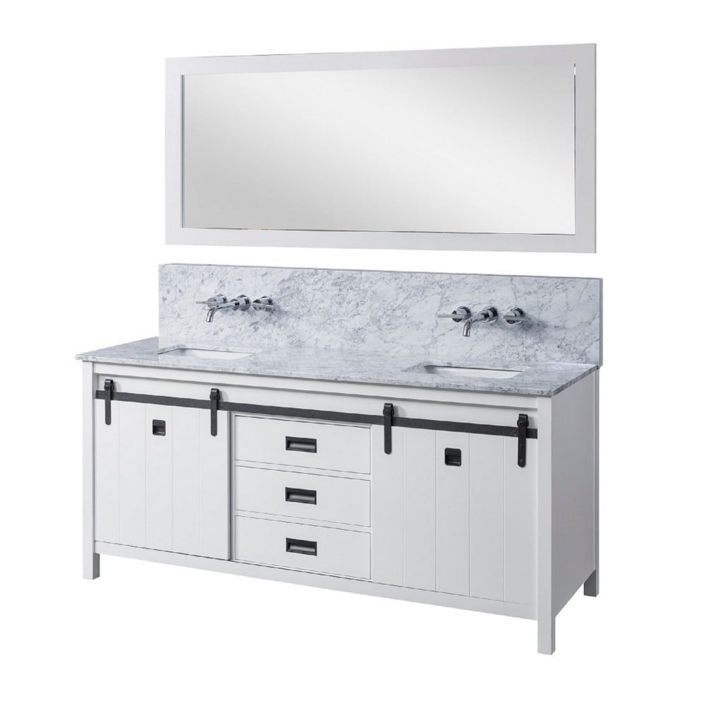 DIRECT VANITY SINK 72D3-WWC-WM-M DA VINCI PREMIUM 72 INCH FREESTANDING DOUBLE SINK BATHROOM VANITY IN WHITE WITH WHITE CARRARA MARBLE TOP AND MIRROR