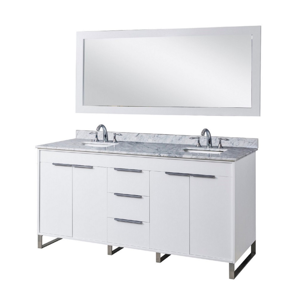 DIRECT VANITY SINK 72D5-WWC-M LUCA 72 INCH FREESTANDING DOUBLE SINK BATHROOM VANITY IN WHITE WITH WHITE CARRARA MARBLE TOP AND MIRROR