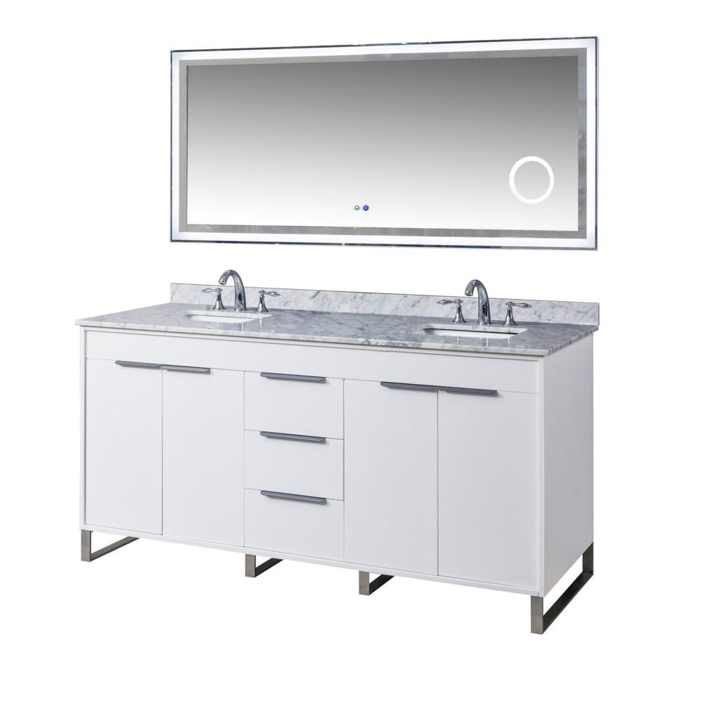 DIRECT VANITY SINK 72D5-WWC-SM LUCA 72 INCH FREESTANDING DOUBLE SINK BATHROOM VANITY IN WHITE WITH WHITE CARRARA MARBLE TOP AND LED SMART MIRROR