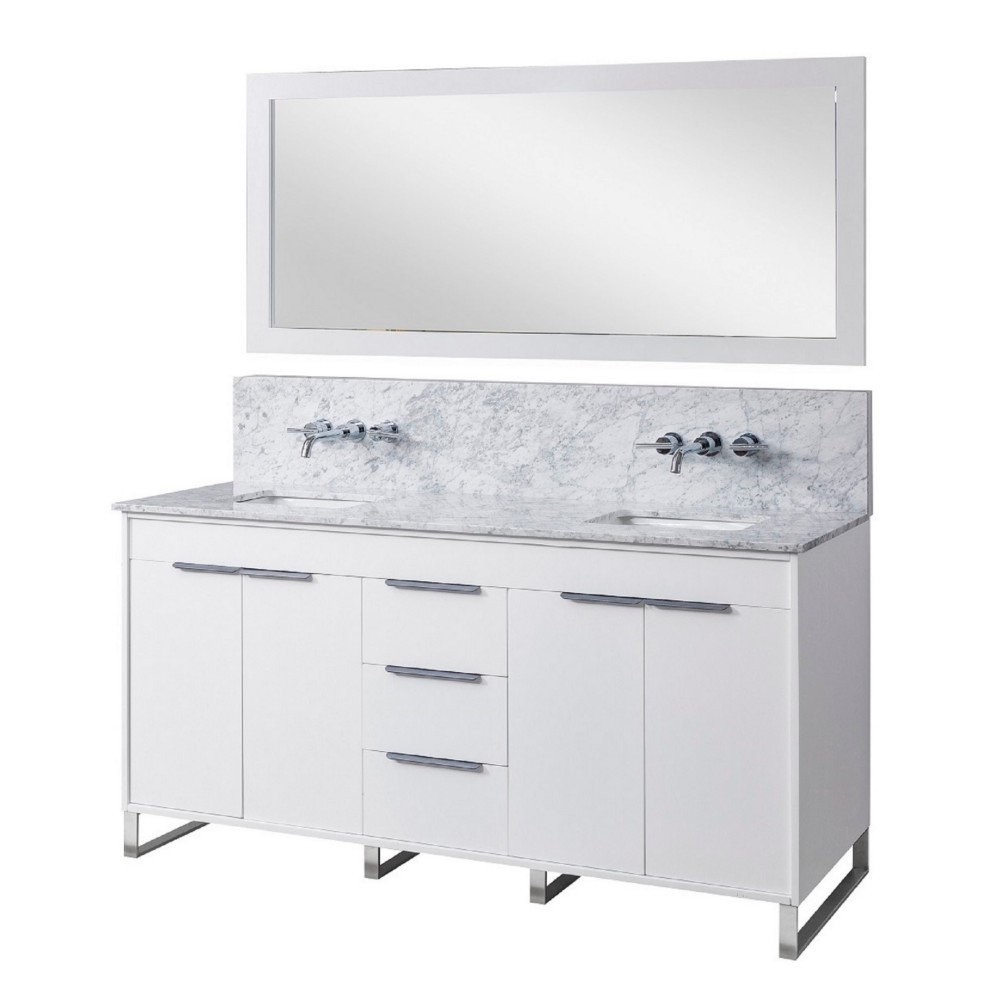DIRECT VANITY SINK 72D5-WWC-WM-M LUCA PREMIUM 72 INCH FREESTANDING DOUBLE SINK BATHROOM VANITY IN WHITE WITH WHITE CARRARA MARBLE TOP AND MIRROR