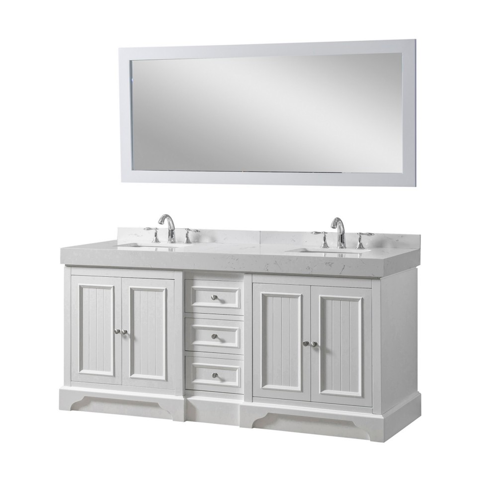 DIRECT VANITY SINK 72D8-WEW-M KINGSWOOD EXCLUSIVE 72 INCH FREESTANDING DOUBLE SINK BATHROOM VANITY IN WHITE WITH WHITE CULTURE MARBLE TOP AND MIRROR