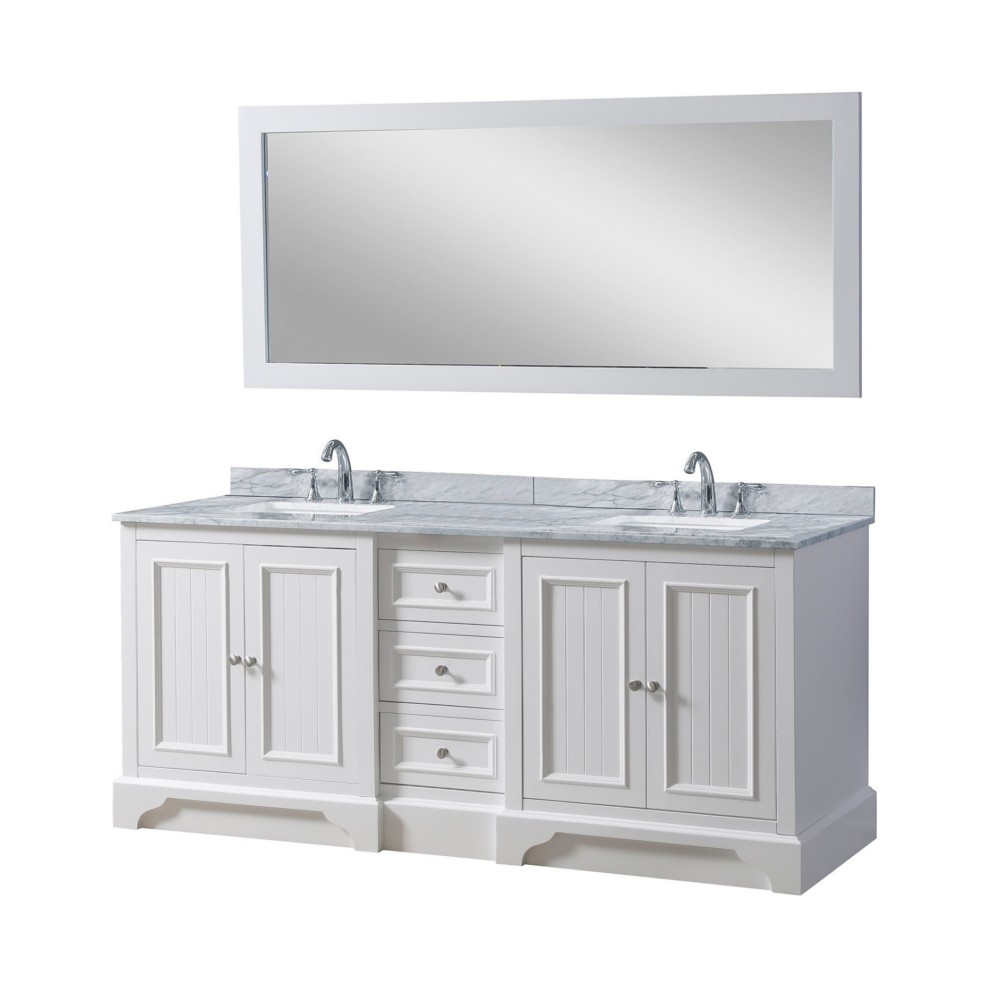 DIRECT VANITY SINK 72D8-WWC-M KINGSWOOD 72 INCH FREESTANDING DOUBLE SINK BATHROOM VANITY IN WHITE WITH WHITE CARRARA MARBLE TOP AND MIRROR