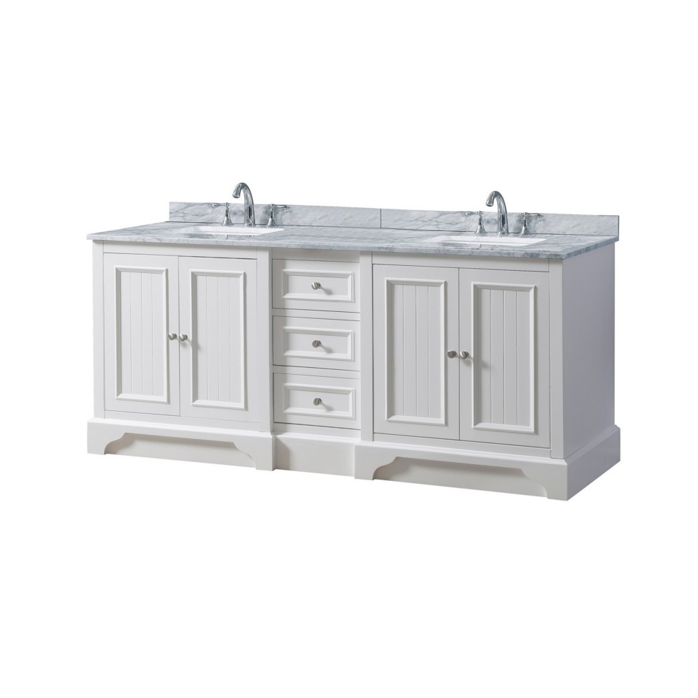 DIRECT VANITY SINK 72D8-WWC KINGSWOOD 72 INCH FREESTANDING DOUBLE SINK BATHROOM VANITY IN WHITE WITH WHITE CARRARA MARBLE TOP