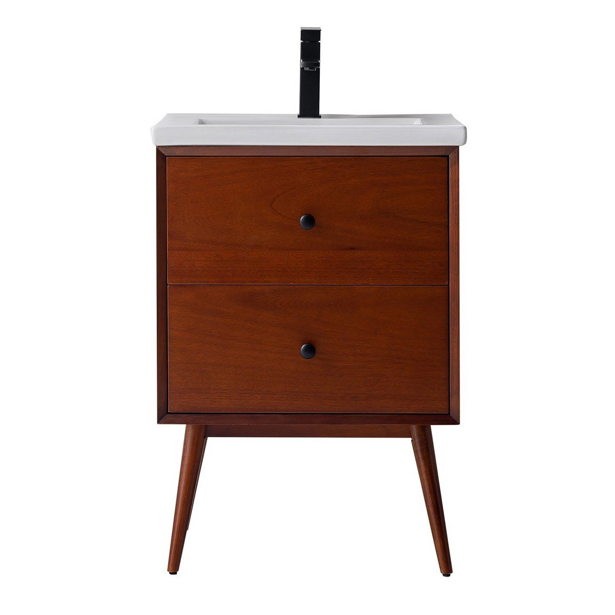 EVIVA TVN111-24TK CARAMEL 24 1/4 INCH FREESTANDING MID CENTURY BATHROOM VANITY IN TEAK WITH PORCELAIN TOP AND DOVETAIL DRAWERS