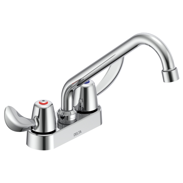 DELTA 27C4222 COMMERCIAL 9 1/4 INCH TWO HANDLES CERAMIC DISC DECK MOUNT BATHROOM FAUCET WITH HOODED BLADE HANDLES, 8 INCH TUBULAR SWING SPOUT AND ANTIMICROBIAL - CHROME
