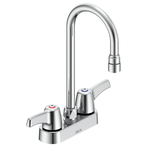 DELTA 27C4823 COMMERCIAL 11 3/4 INCH TWO HANDLES CERAMIC DISC DECK MOUNT BATHROOM FAUCET WITH LEVER BLADE HANDLES, 10 1/2 INCH GOOSENECK SPOUT AND ANTIMICROBIAL - CHROME