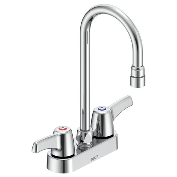 DELTA 27C4823 COMMERCIAL 11 3/4 INCH TWO HANDLES CERAMIC DISC DECK MOUNT BATHROOM FAUCET WITH LEVER BLADE HANDLES, 10 1/2 INCH GOOSENECK SPOUT AND ANTIMICROBIAL - CHROME