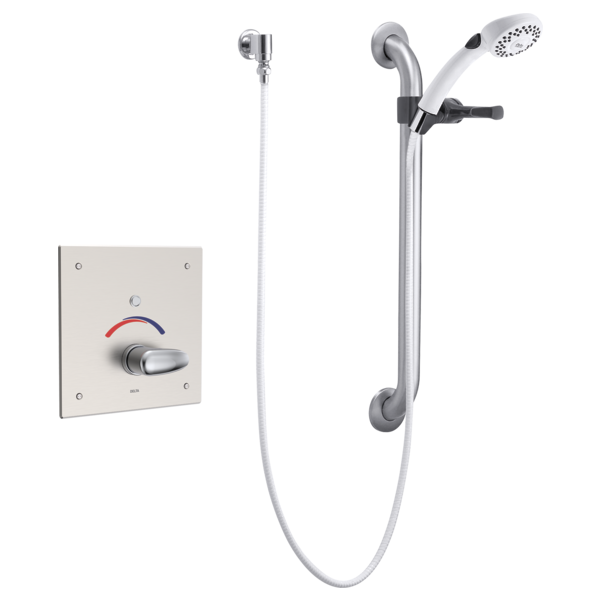 DELTA 860T157 COMMERCIAL PUSH BUTTON HARDWIRE METERING ELECTRONIC SHOWER SYSTEM WITH 10 INCH CONTROL BOX PRESSURE BALANCING MIXING VALVE AND PERSONAL HAND SHOWER - CHROME