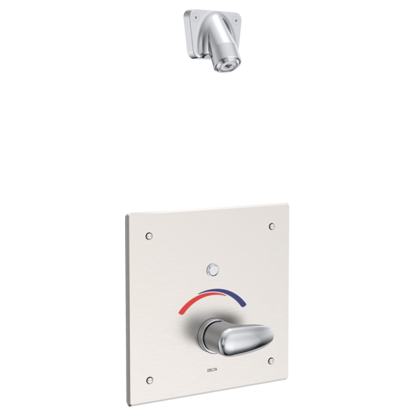 DELTA 860T167 COMMERCIAL PUSH BUTTON HARDWIRE METERING ELECTRONIC SHOWER SYSTEM WITH 10 INCH CONTROL BOX PRESSURE BALANCING MIXING VALVE AND VANDAL RESISTANT SINGLE FUNCTION SHOWER HEAD - CHROME