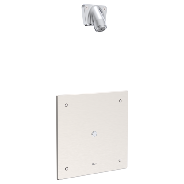 DELTA 860T168 COMMERCIAL PUSH BUTTON HARDWIRE METERING ELECTRONIC SHOWER SYSTEM WITH 10 INCH CONTROL BOX THERMOSTATIC MIXING VALVE AND VANDAL RESISTANT SINGLE FUNCTION SHOWER HEAD - CHROME