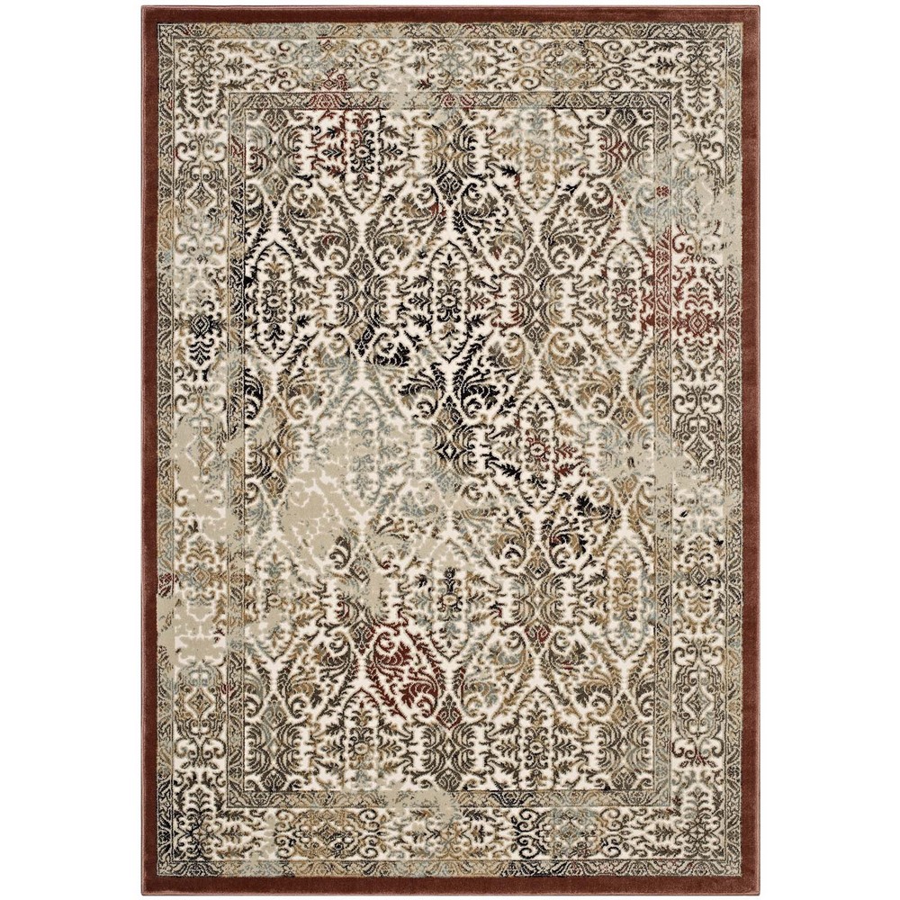 MODWAY R-1100A-58 HESTER ORNATE TURKISH 5 X 8 VINTAGE AREA RUG IN TAN AND WALNUT BROWN