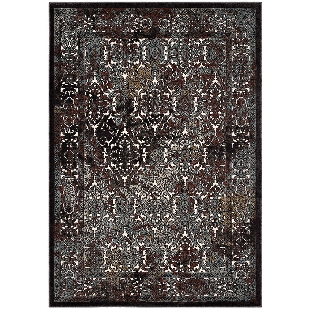 MODWAY R-1101A-58 WESTIA ORNATE TURKISH 5 X 8 VINTAGE AREA RUG IN DARK BROWN AND SILVER BLUE
