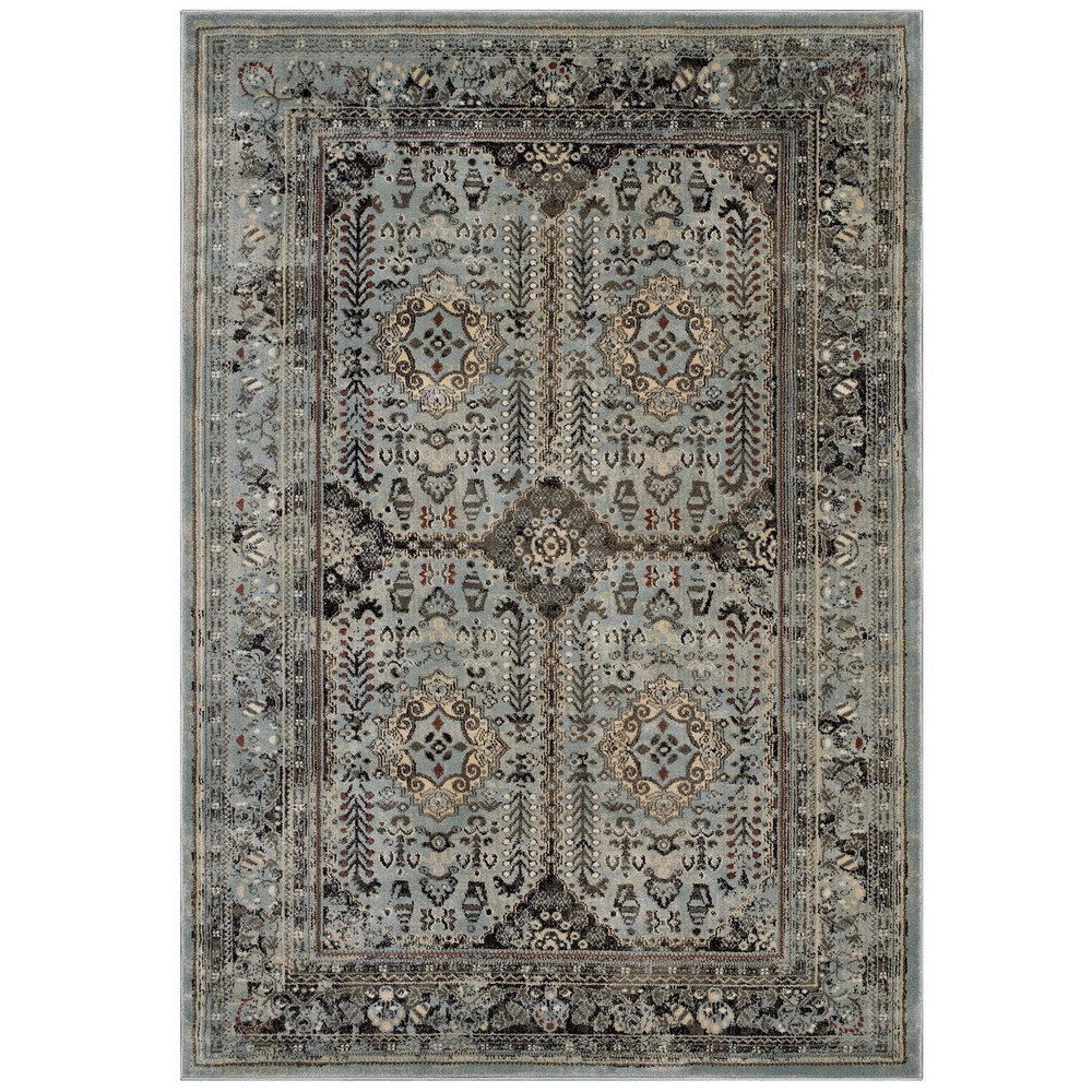 MODWAY R-1105A-58 ENYE DISTRESSED VINTAGE FLORAL LATTICE 5 X 8 AREA RUG IN BROWN AND SILVER BLUE