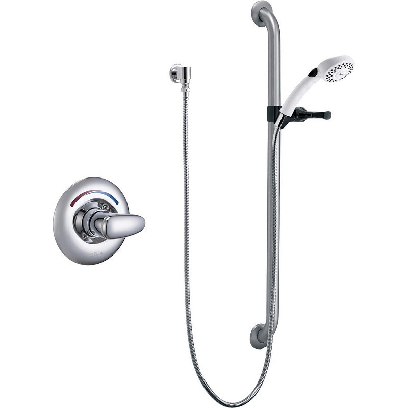 DELTA T13H152-25 COMMERCIAL SINGLE HANDLE HAND SHOWER VALVE TRIM ONLY WITH METAL LEVER HANDLE, 36 INCH COMBINATION GRAB OR SLIDE BAR - POLISHED CHROME