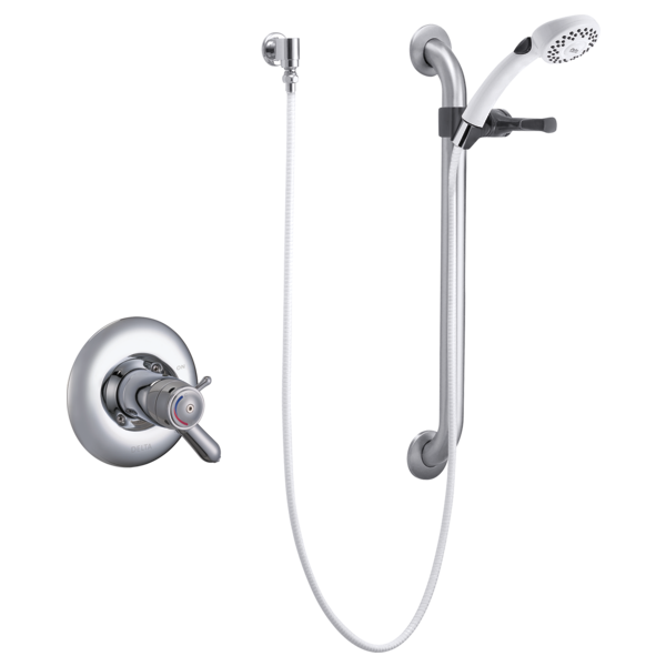 DELTA T17TH155 COMMERCIAL SINGLE HANDLE SHOWER VALVE TRIM WITH METAL LEVER VOLUME CONTROL HANDLE WITH TEMPERATURE ADJUSTMENT, PERSONAL HAND SHOWER, 24 INCH GRAB AND SLIDE BAR - CHROME
