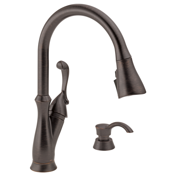 DELTA 19950Z-SD-DST ARABELLA 15 5/8 INCH TWO HOLE DECK MOUNT PULL-DOWN KITCHEN FAUCET WITH SOAP DISPENSER AND LEVER HANDLE