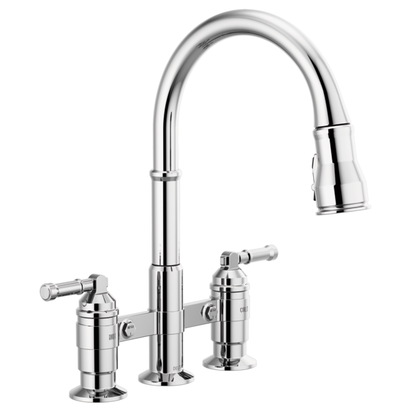DELTA 2390L-DST BRODERICK 15 7/8 INCH THREE HOLE DECK MOUNT PULL-DOWN BRIDGE KITCHEN FAUCET WITH LEVER HANDLES