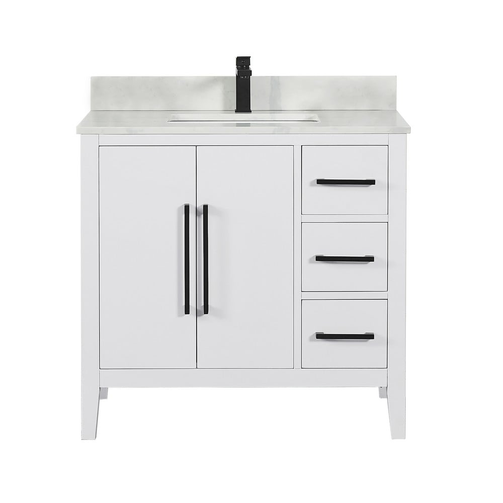 ALTAIR 558036-W-CW LAUREL 36 INCH SINGLE SINK BATHROOM VANITY WITH CALACATTA WHITE QUARTZ STONE COUNTERTOP