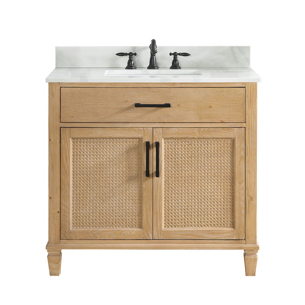 ALTAIR 560036-WF-CW SOLANA 36 INCH SINGLE SINK BATHROOM VANITY IN WEATHERED FIR WITH CALACATTA WHITE QUARTZ STONE COUNTERTOP