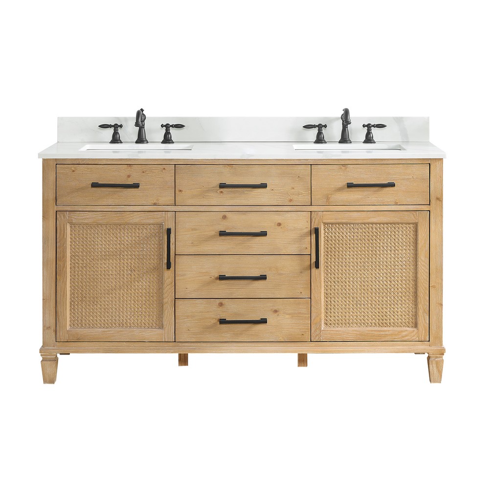 ALTAIR 560060-WF-CW SOLANA 60 INCH DOUBLE SINK BATHROOM VANITY IN WEATHERED FIR WITH CALACATTA WHITE QUARTZ STONE COUNTERTOP