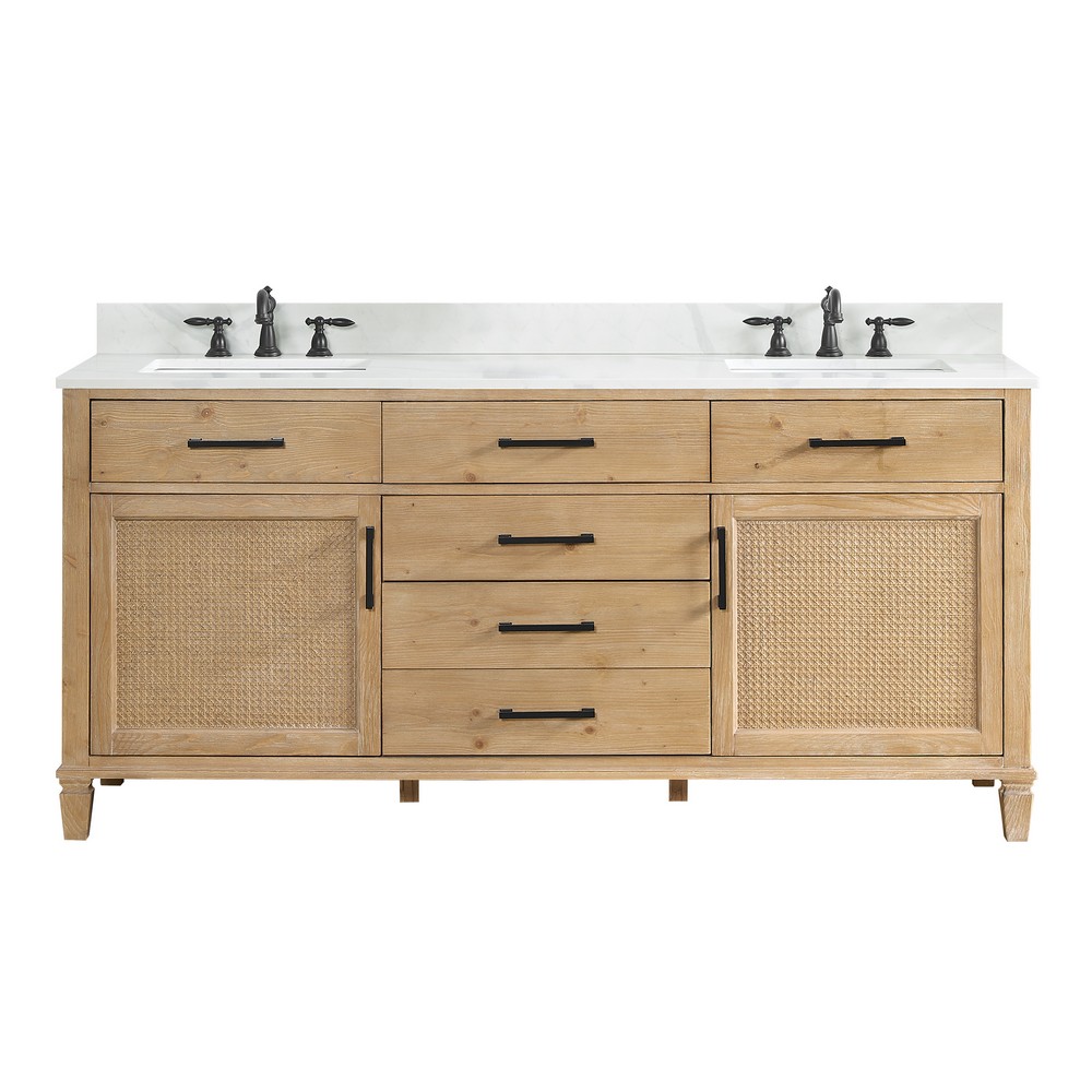 ALTAIR 560072-WF-CW SOLANA 72 INCH DOUBLE SINK BATHROOM VANITY IN WEATHERED FIR WITH CALACATTA WHITE QUARTZ STONE COUNTERTOP