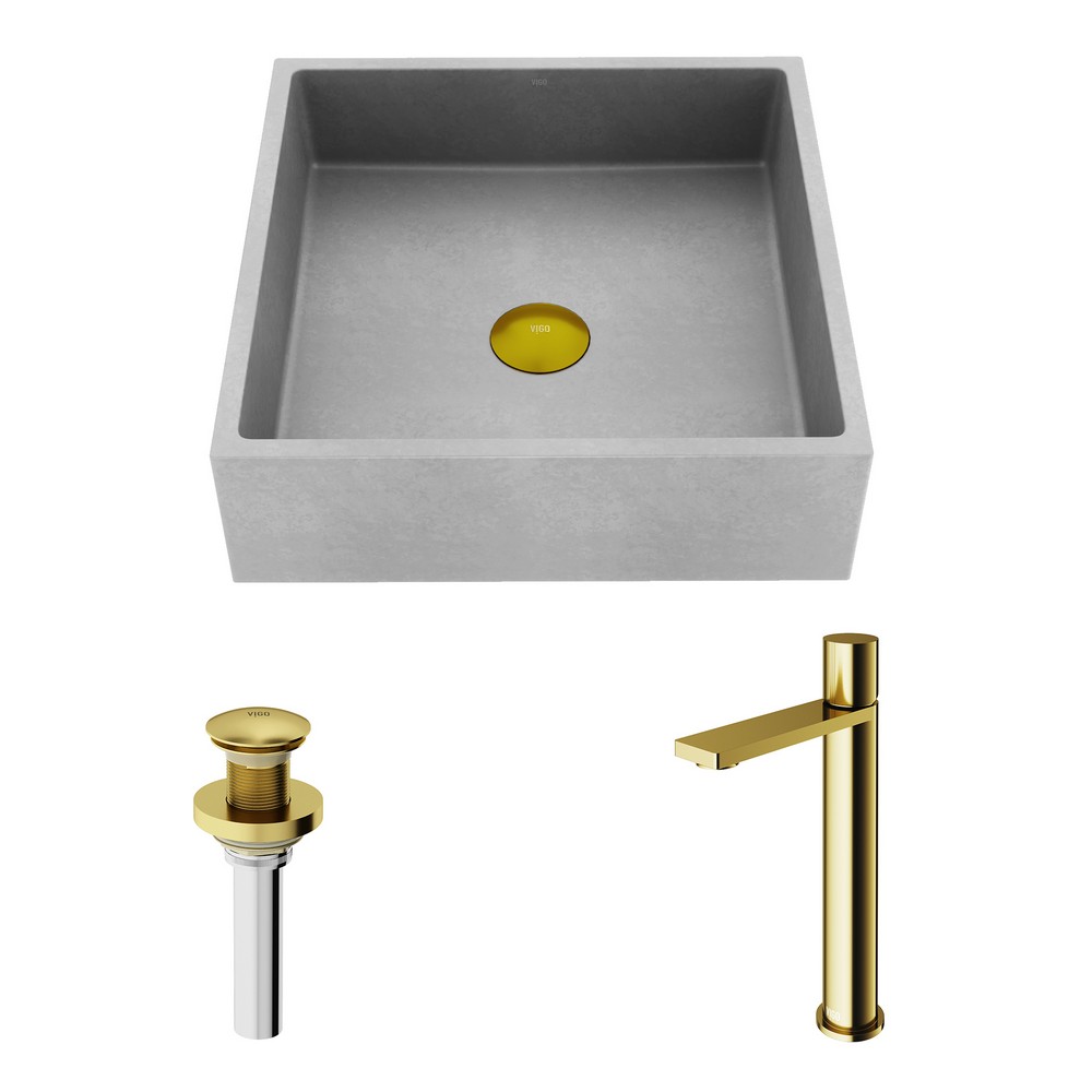 VIGO VGT2088 ALHAMBRA 15 INCH CONCRETE STONE SQUARE BATHROOM VESSEL SINK IN GRAY WITH GOTHAM FAUCET AND POP UP DRAIN IN MATTE BRUSHED GOLD