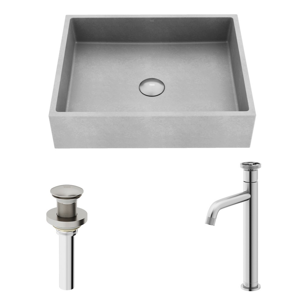 VIGO VGT2091 COCA 19 INCH CONCRETE STONE RECTANGULAR BATHROOM VESSEL SINK IN GRAY WITH CASS VESSEL FAUCET AND POP UP DRAIN IN BRUSHED NICKEL