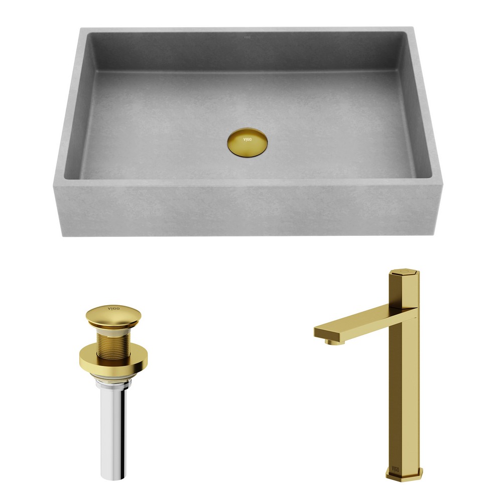 VIGO VGT2092 ORVIETO 23 1/2 INCH CONCRETE STONE RECTANGULAR BATHROOM VESSEL SINK IN GRAY WITH NOVA FAUCET AND POP UP DRAIN IN MATTE BRUSHED GOLD